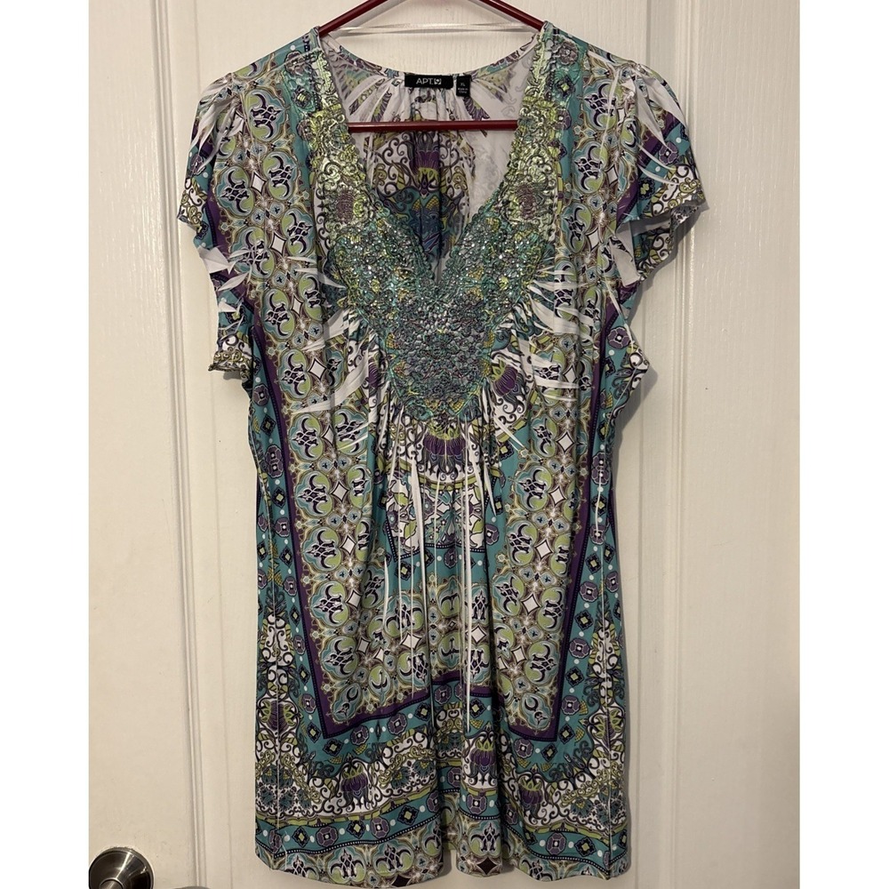 Apt. 9 Women's Floral Cap Sleeve Blouse Embellished Size XL V Neck Silky